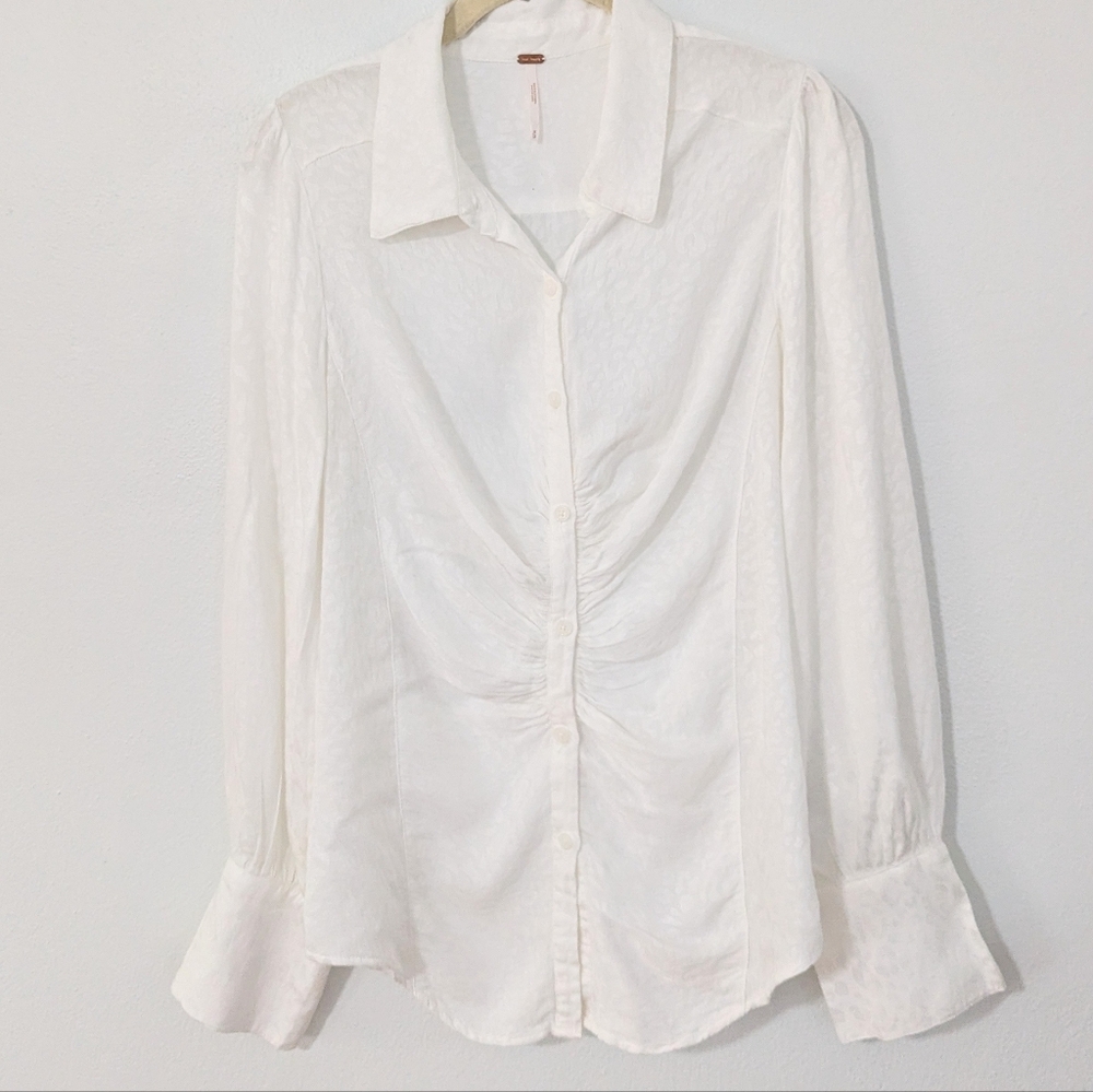 Free People White Button-Down Ruched Front Shirt